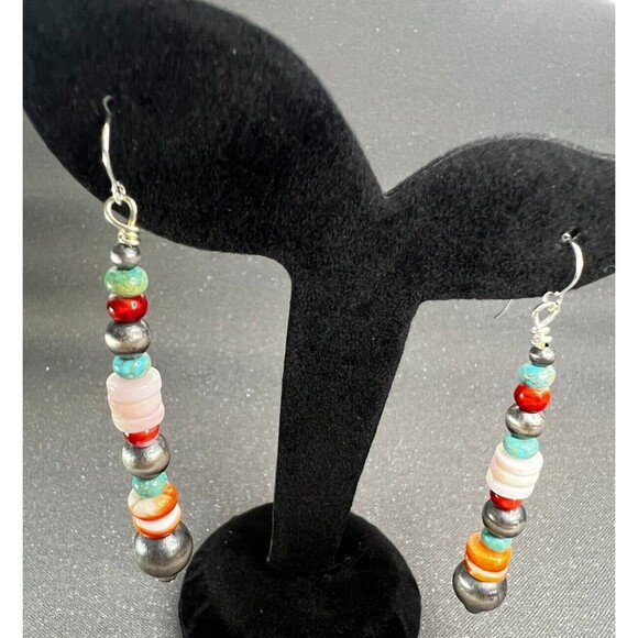 Hand Strung 925 Silver Turquoise Pink Conch Navajo Pearls Coral Spiny Earrings - Picture 2 of 6